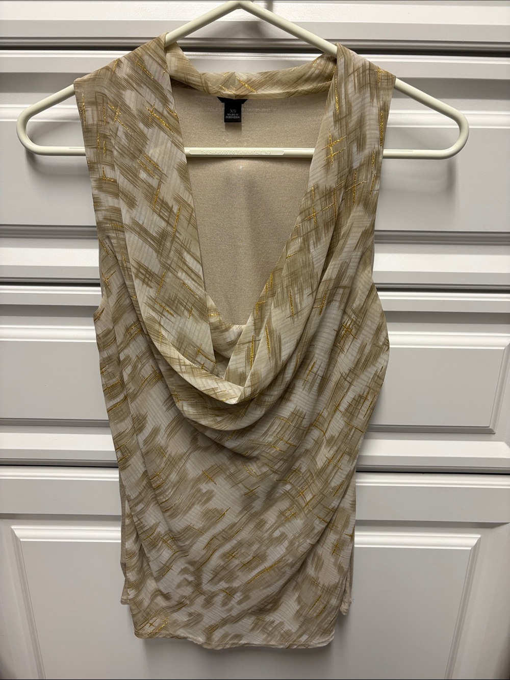 WHBM Draped Cowl Neck Sleeveless Blouse in Beige with Gold Accents